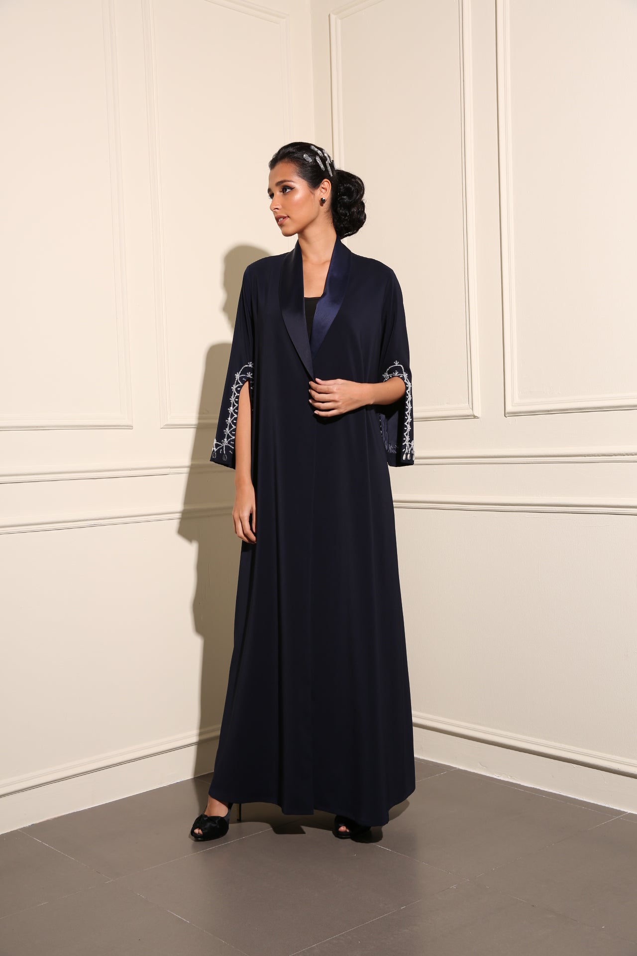 Tuxedo abaya with hand embellished sleeve detail