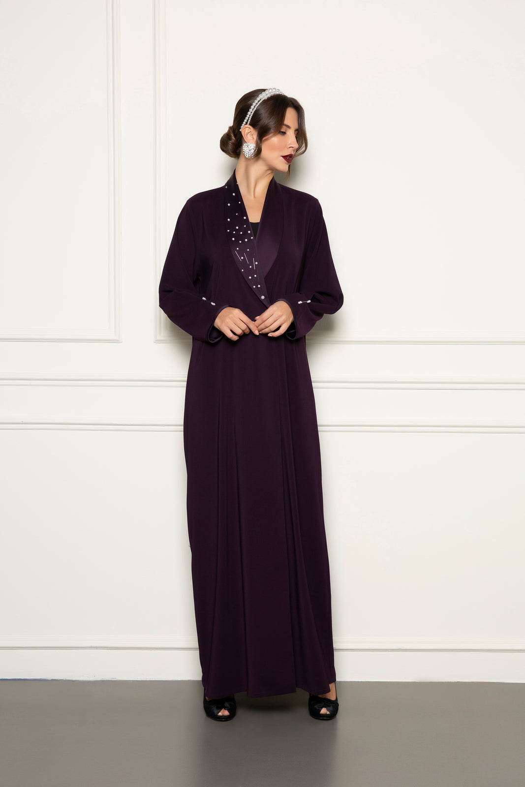 Abaya with embellished shawl collar