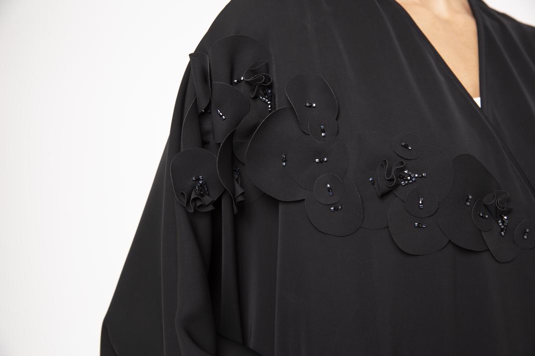 Black farashah cut abaya with asymmetrical laser cut and bead embellishment