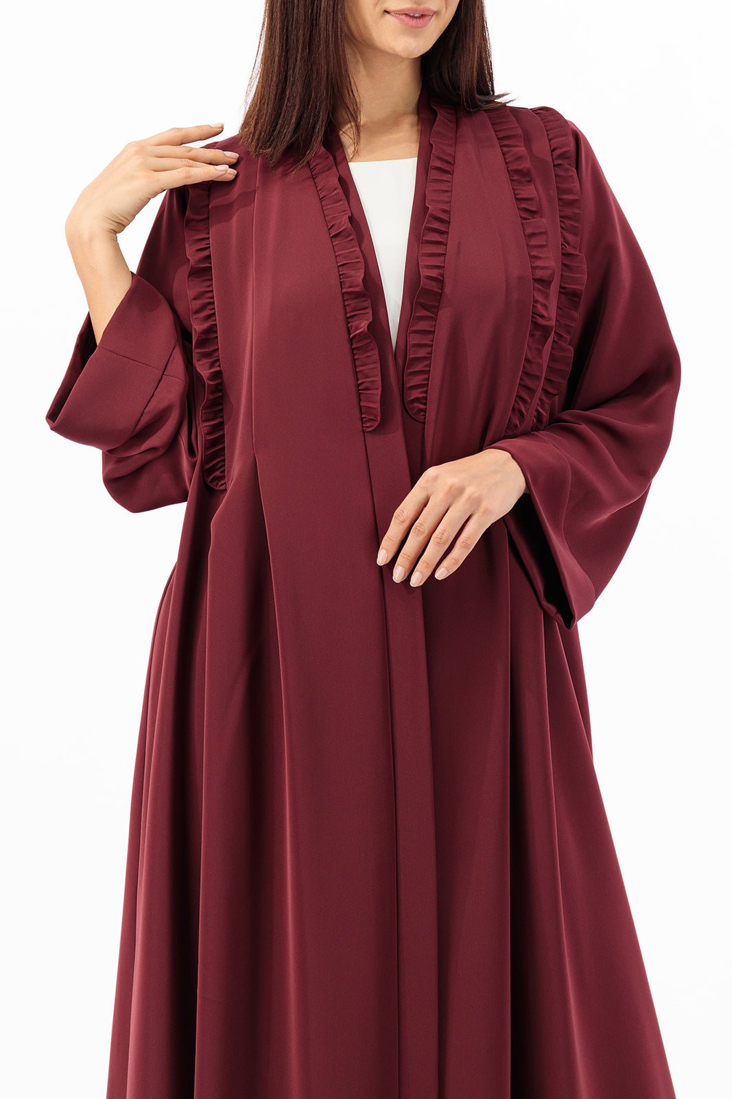 Tone on Tone asymmetrical front ruffled with back pleated abaya
