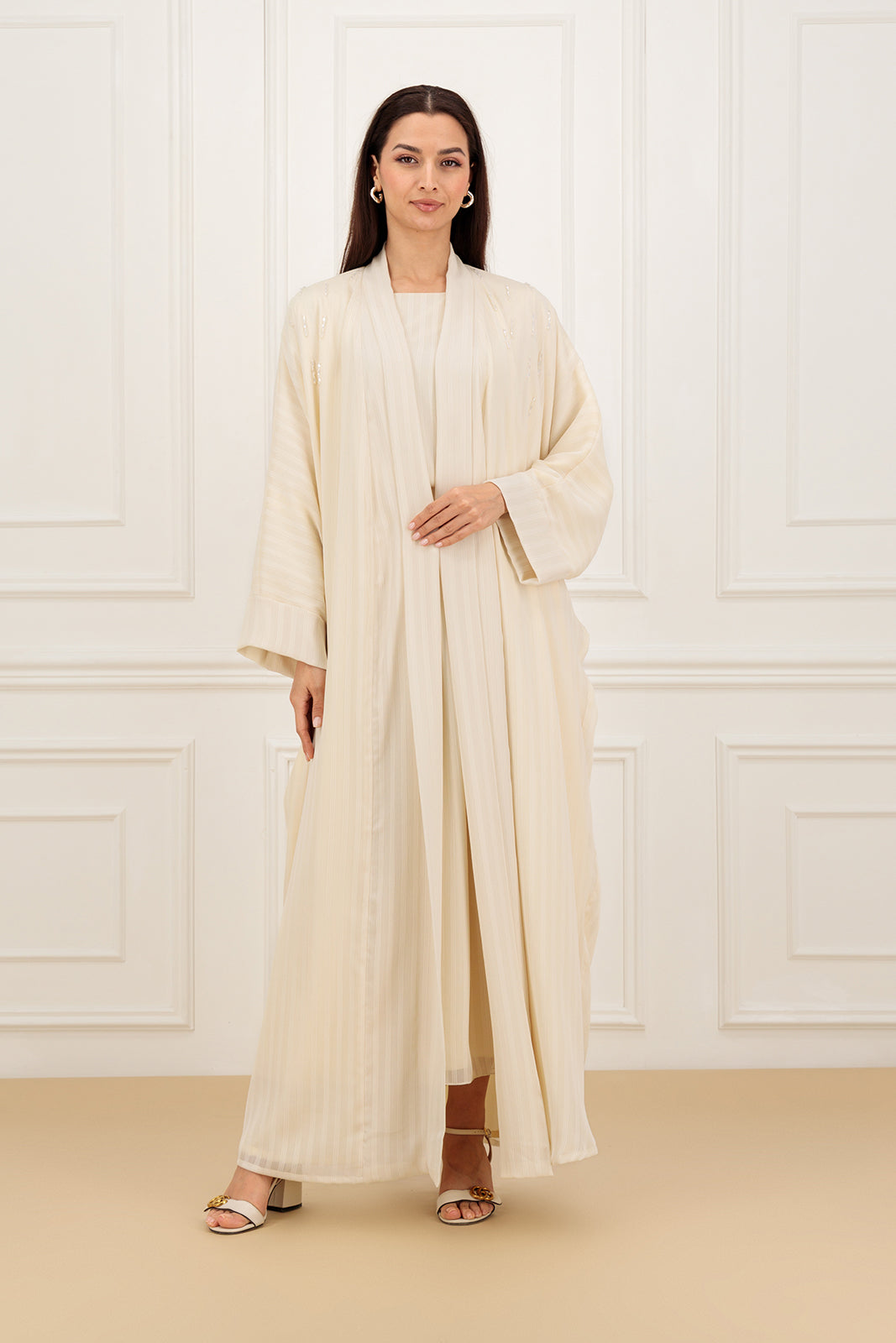 Striped chiffon Farasha Abaya with Shirt and Skirt (SET)