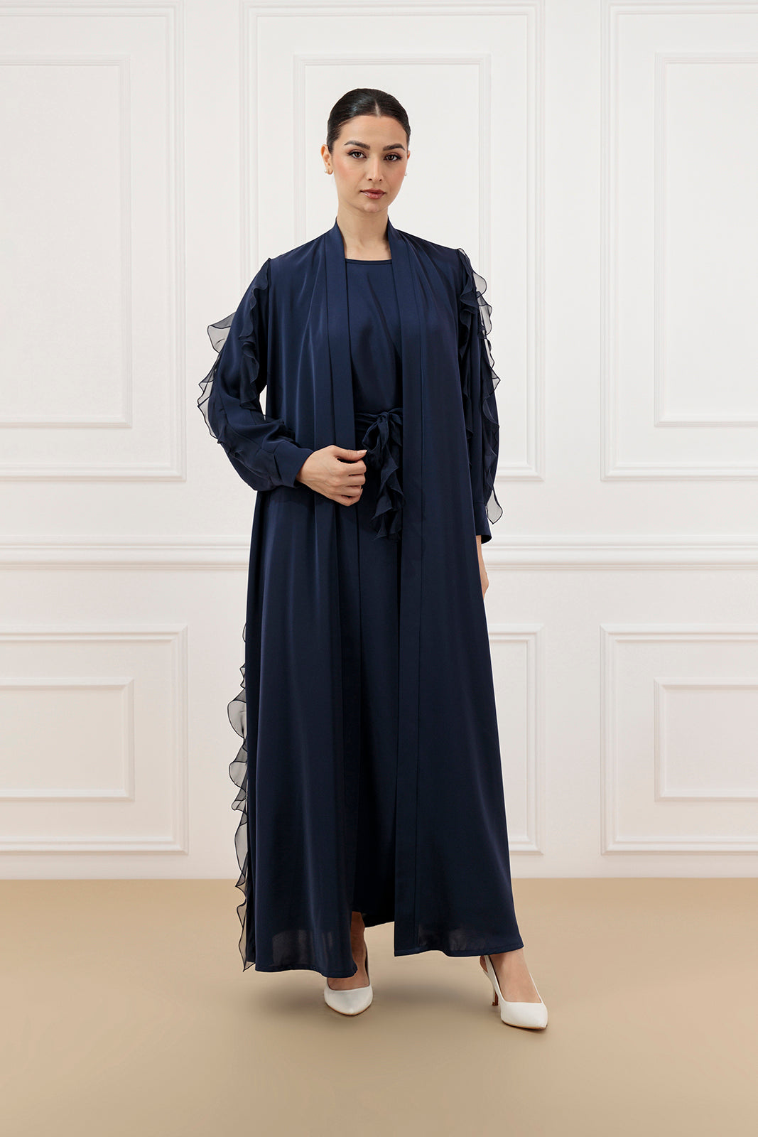 Chiffon sleeve ruffled abaya with sleeveless inner dress (SET)