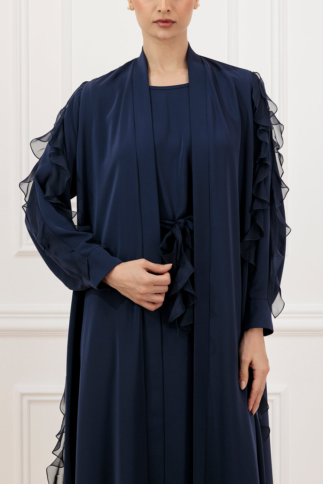 Chiffon sleeve ruffled abaya with sleeveless inner dress (SET)