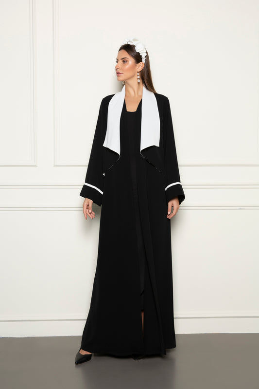 Black abaya with contrast vest-collar