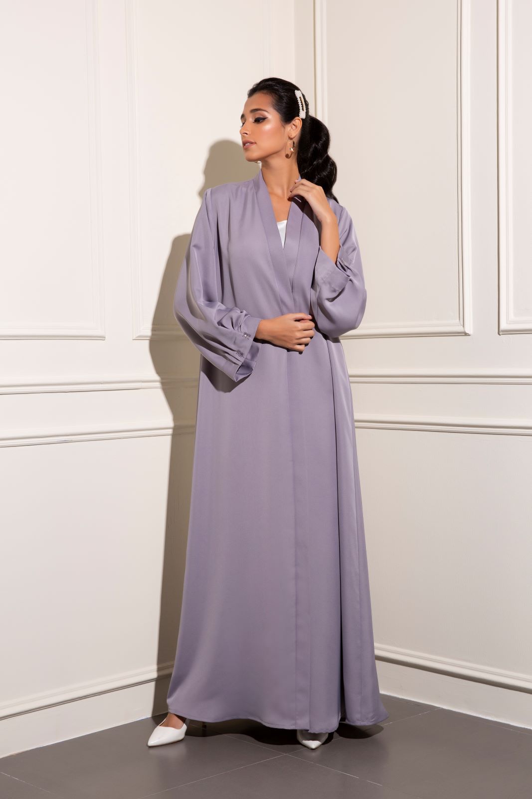 Soft Gray abaya with pleats and beaded sleeve details