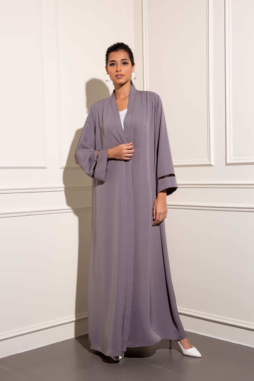 Gray abaya classic cut abaya with tone on tone-beaded embellishment
