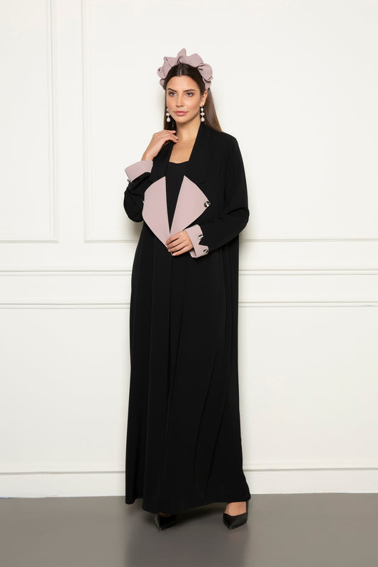 Black abaya with long wide classic collar