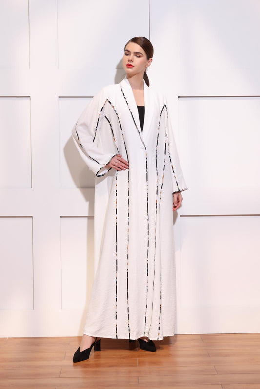 White linen abaya with floral piping
