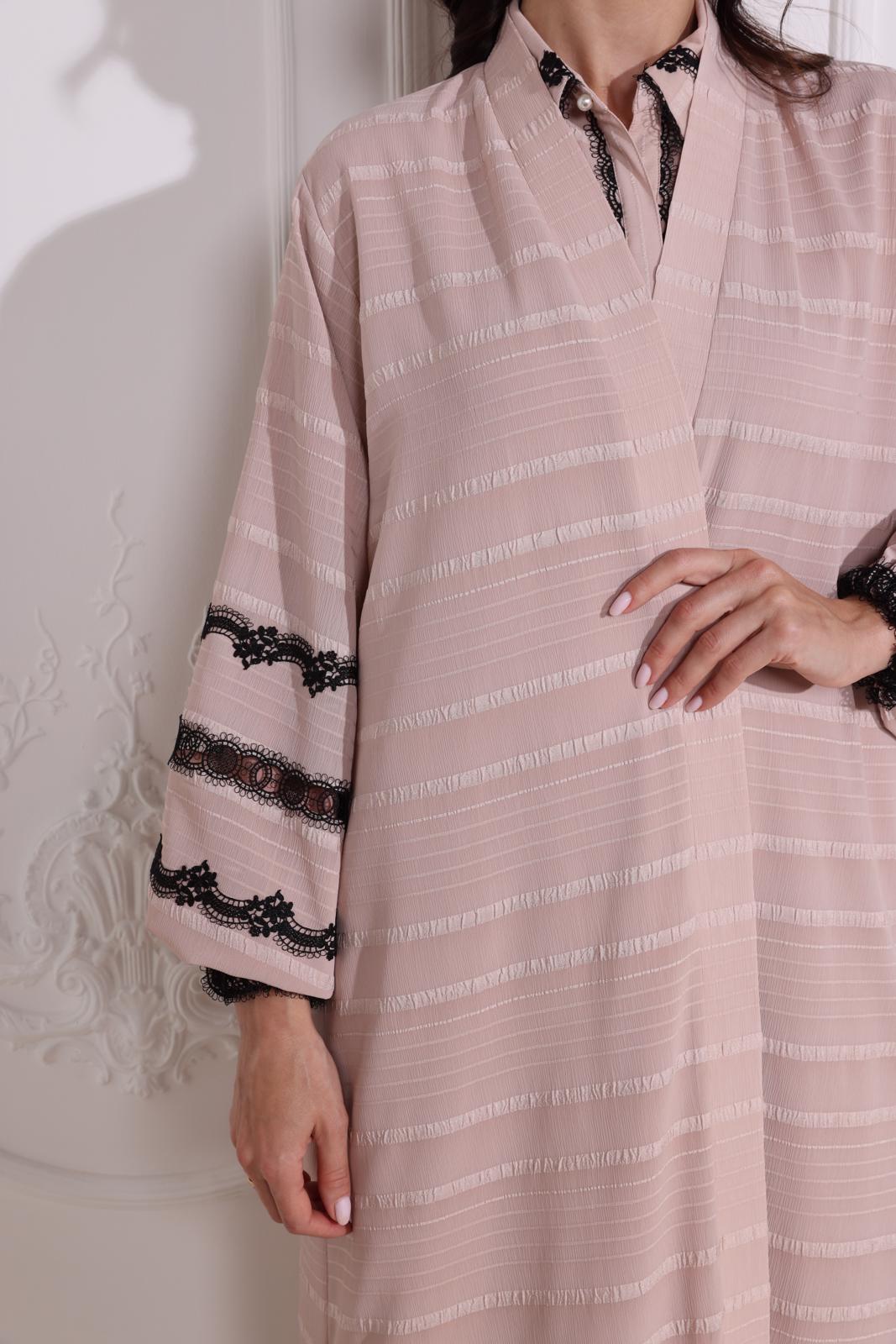 Light pink abaya with black lace details