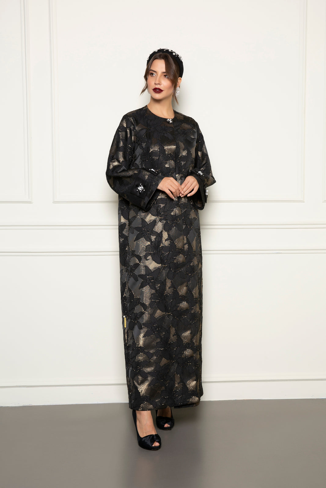 Black/Gold  jacquard coat style abaya