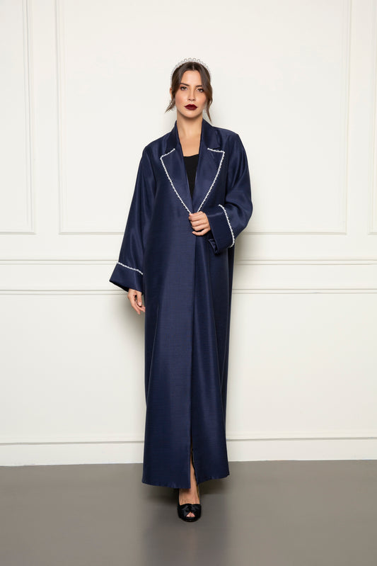 Coat style shantung abaya with white pearl details