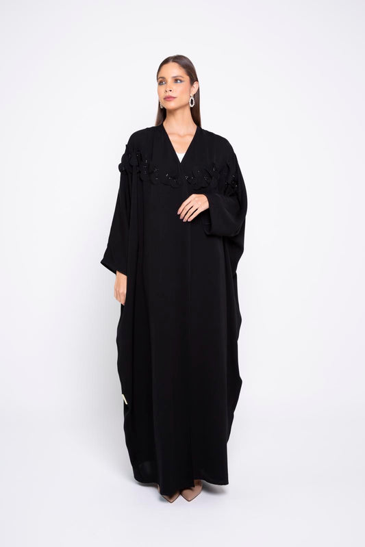 Black farashah cut abaya with asymmetrical laser cut and bead embellishment