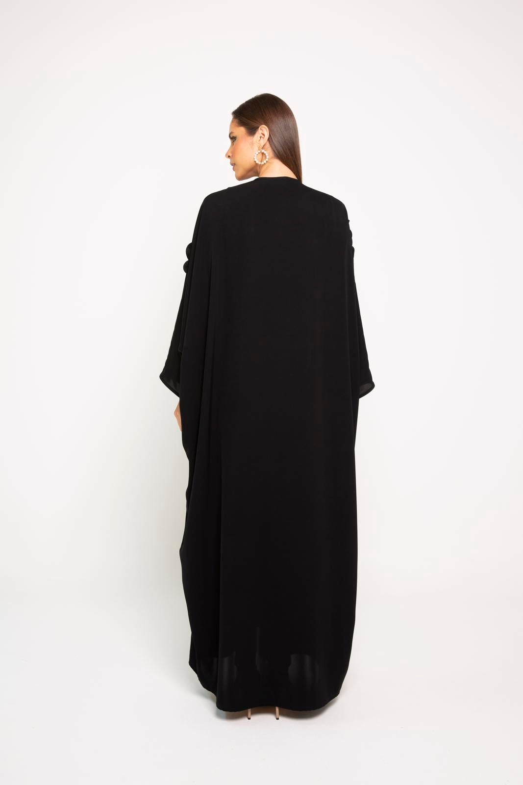 Black farashah cut abaya with asymmetrical laser cut and bead embellishment