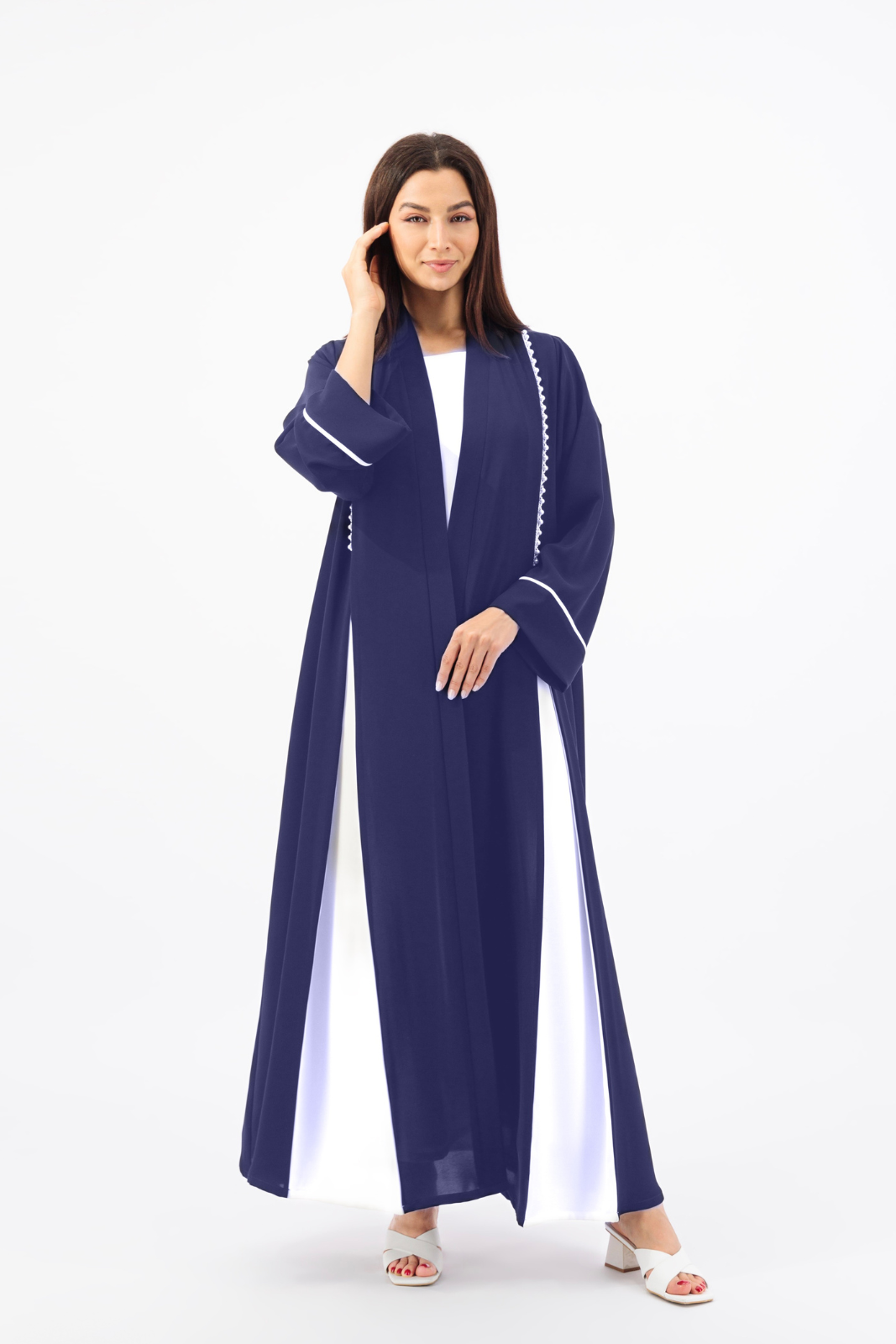 Contrast box pleated Abaya with Pearl piping details