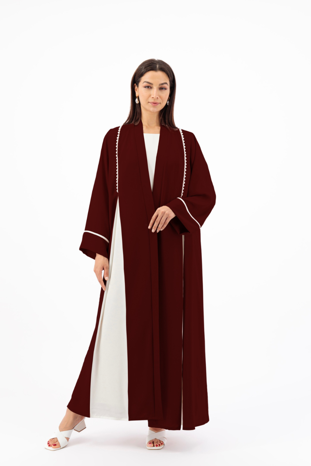 Contrast box pleated Abaya with Pearl piping details
