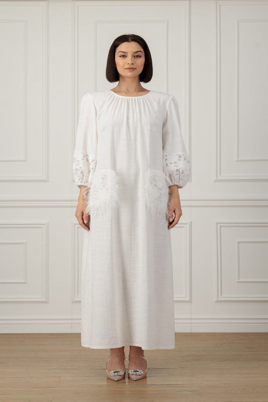 Linen dress with lace & feather patched pockets