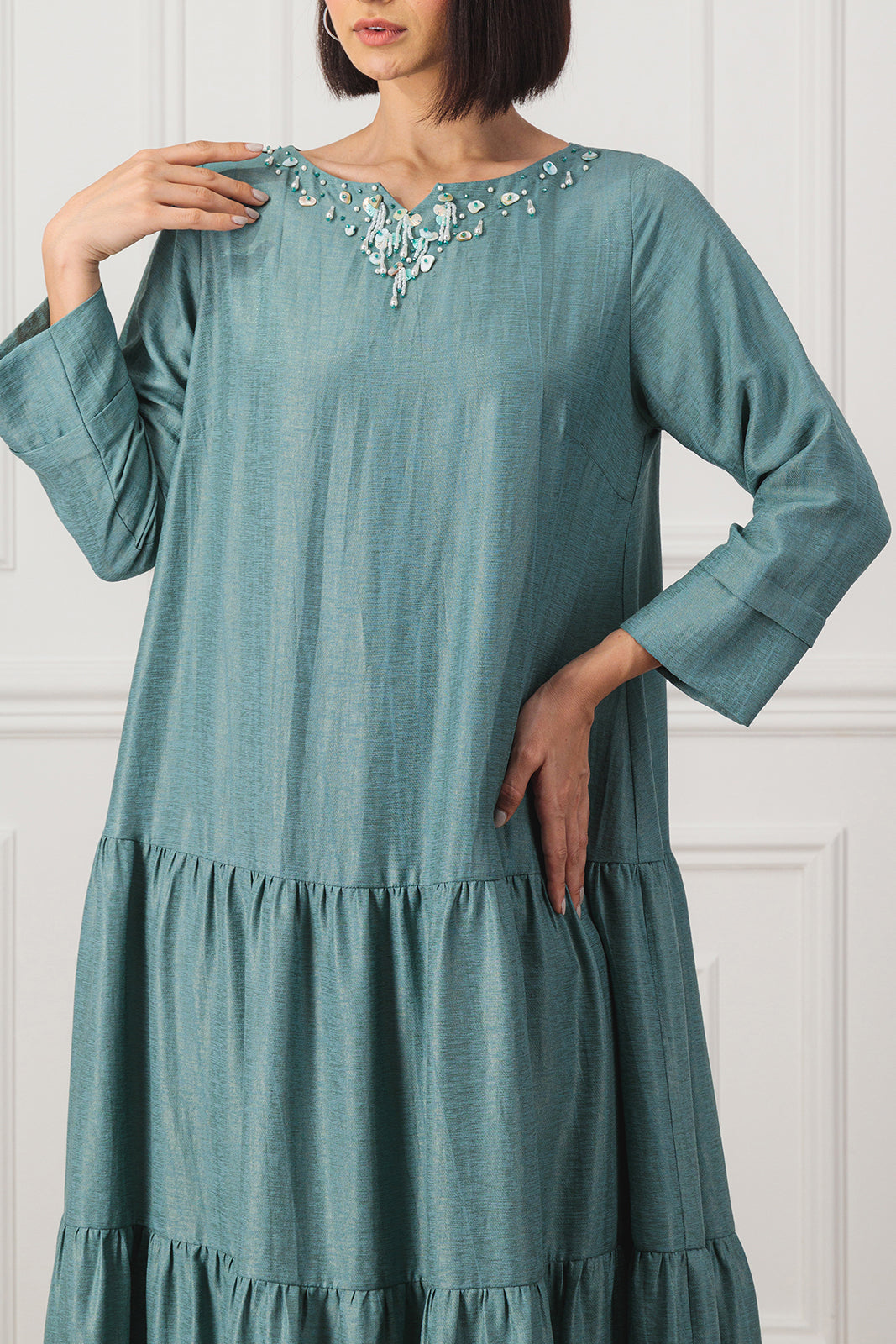 Shimmer-linen dress with gathered detail