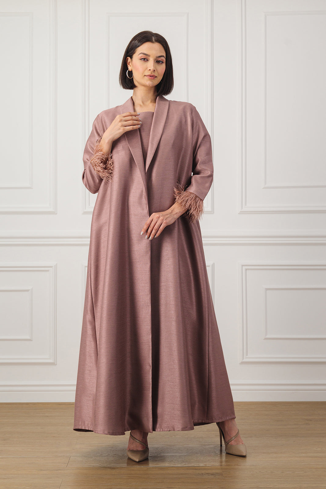 A-line flared back Abaya with feather