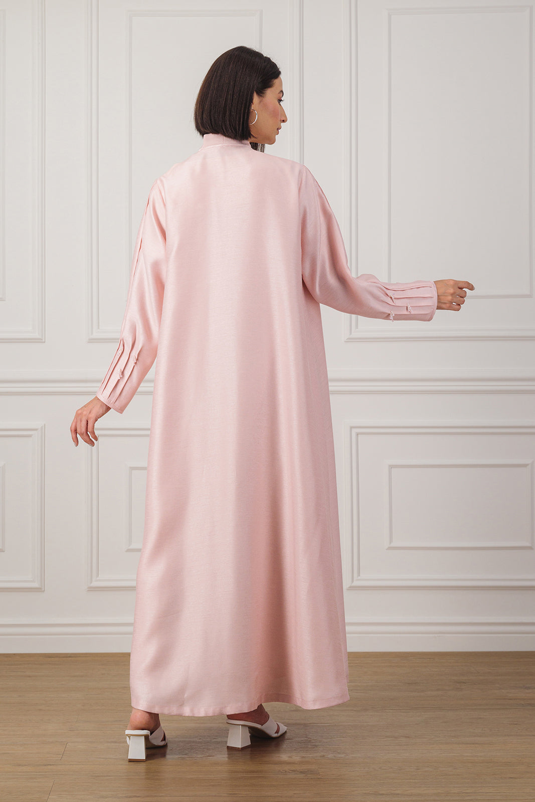A-line abaya with pintax detail on sleeve in shantung