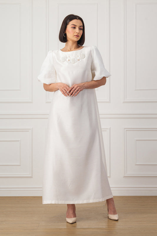 A-line Dress with Jacquard Balloon sleeves