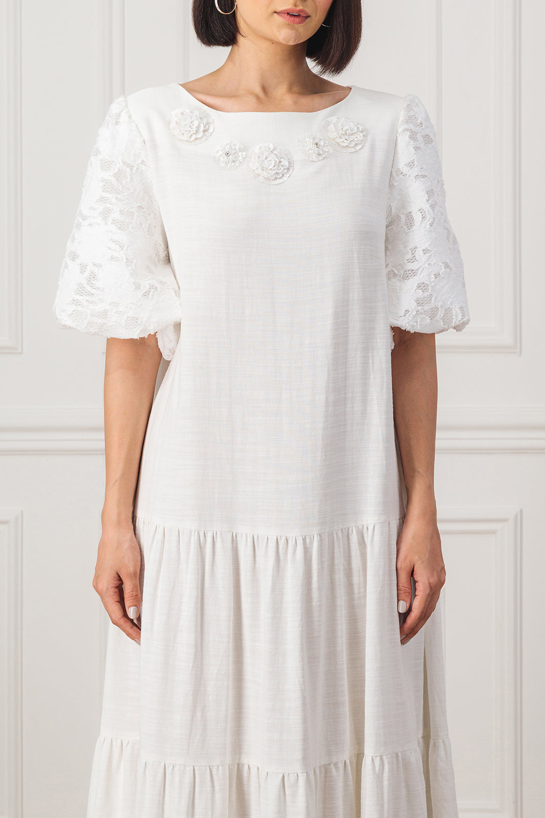 Off-white Linen dress with embellished neckline