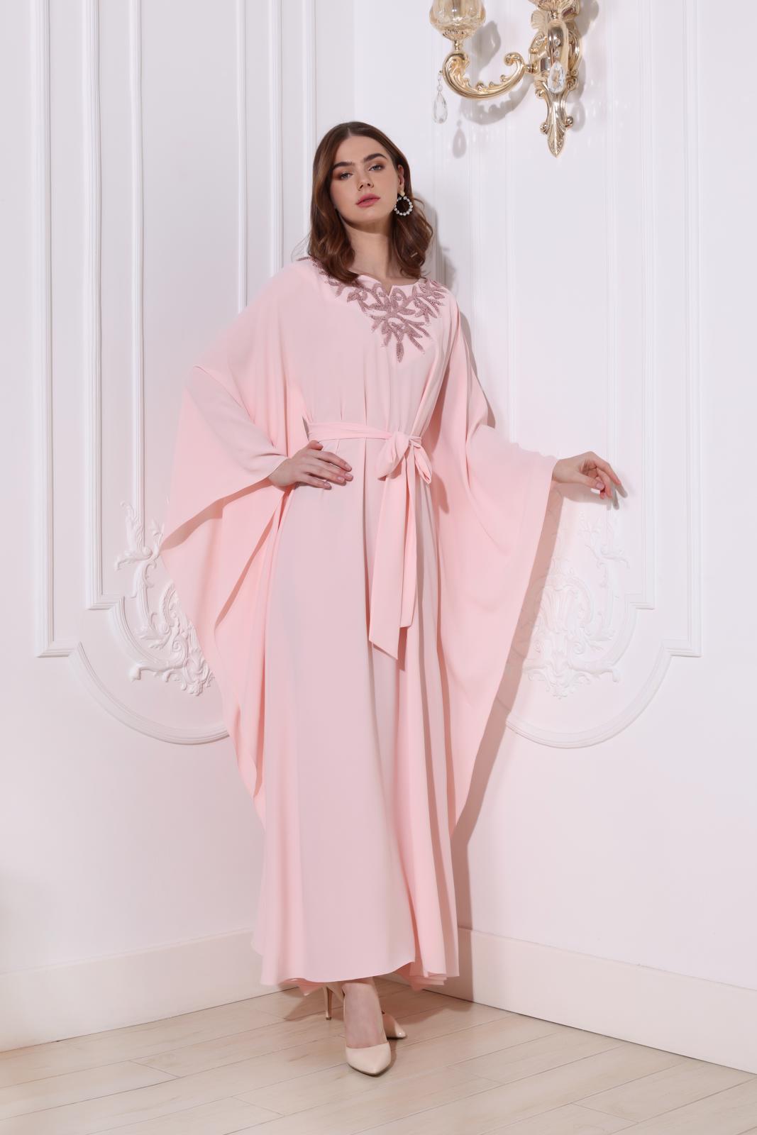Classic Light Peach Kaftan With Ribbon Embroidery