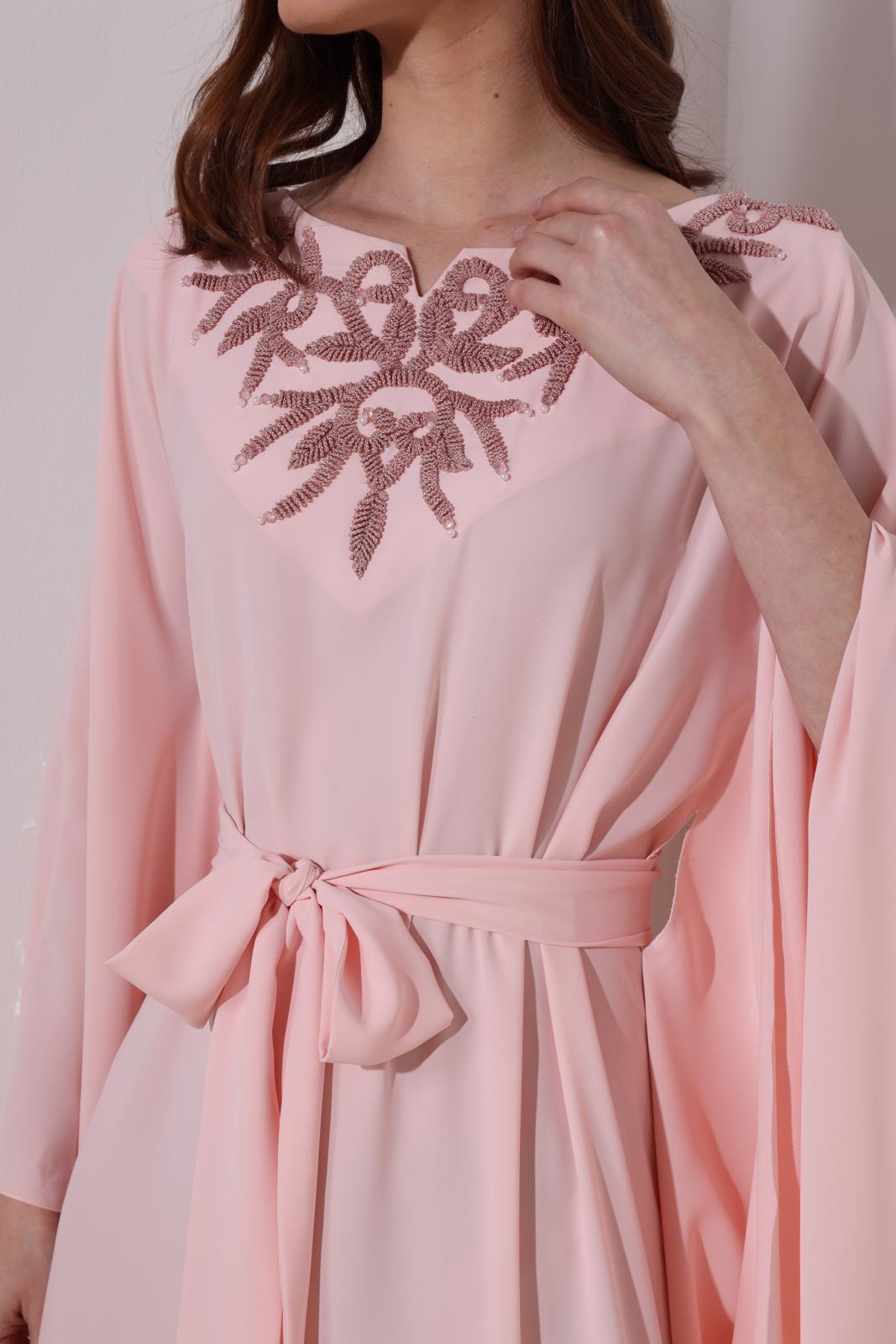Classic Light Peach Kaftan With Ribbon Embroidery