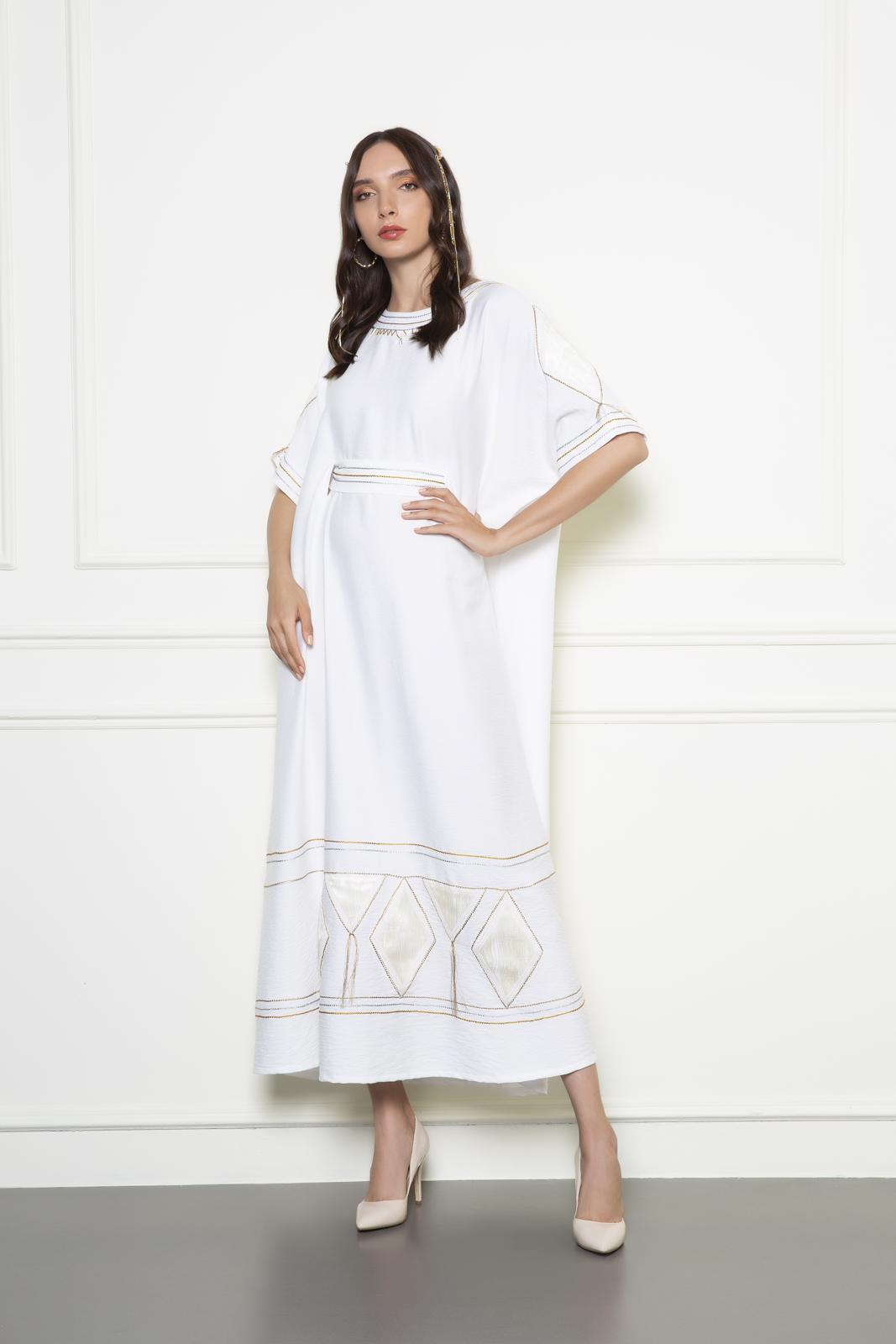 White Kimono Style Kaftan With Fitted Belt