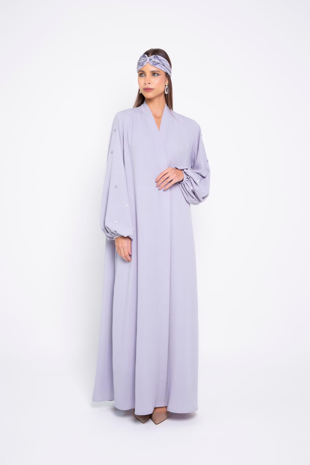 Linen abaya with puffy cuff sleeves